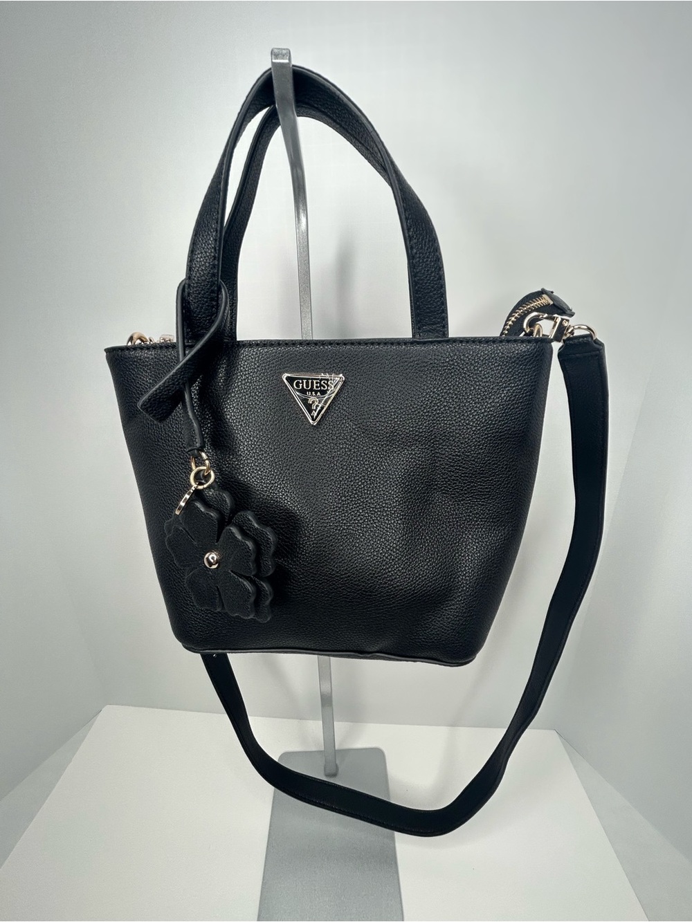 GUESS Black Pebbled Leather Tote with Floral Charm